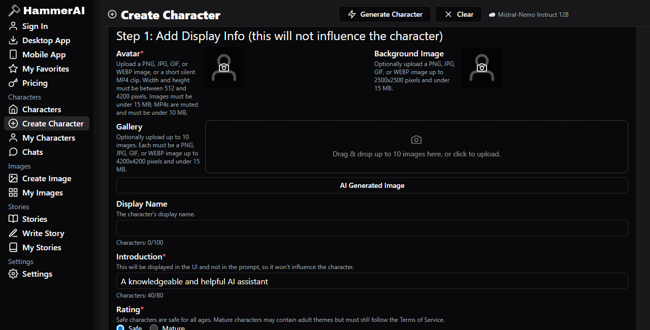 Hammer AI Create Character screen with avatar background gallery display name introduction and rating fields