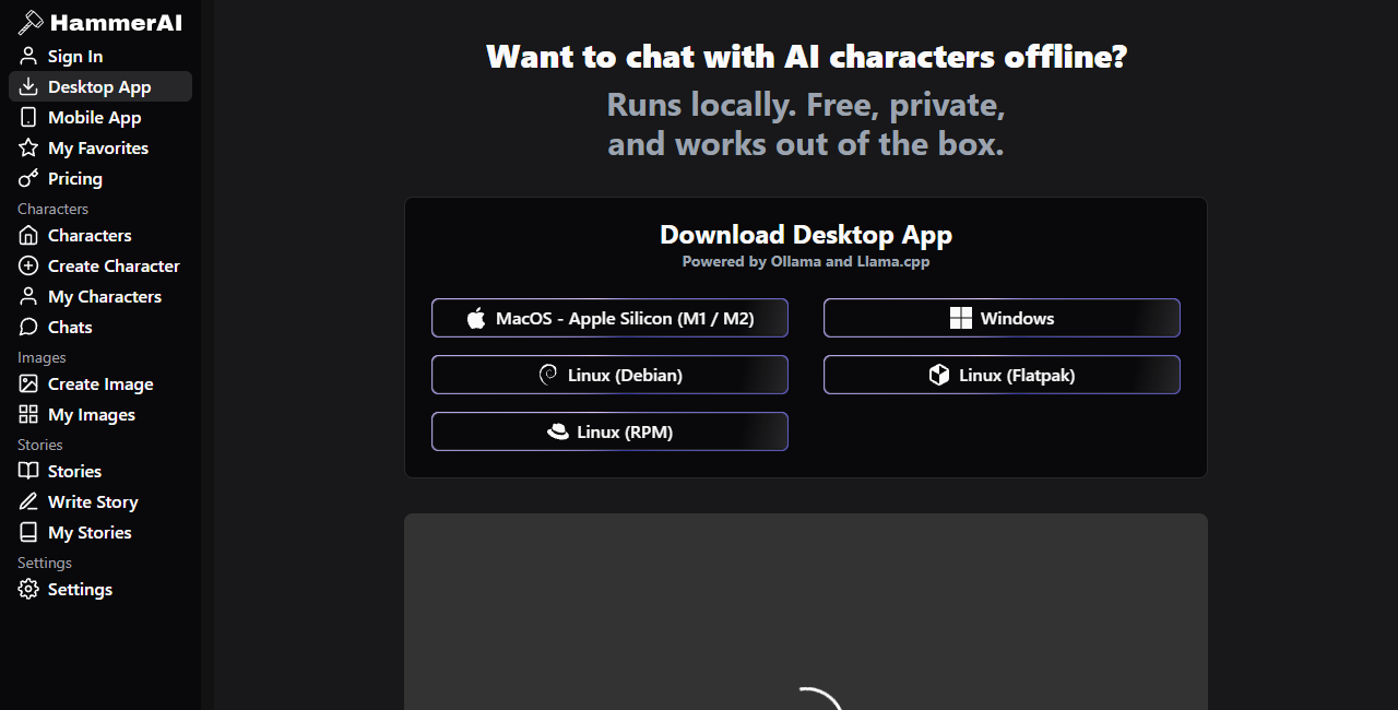 Hammer AI desktop page showing offline chat and operating-system download choices