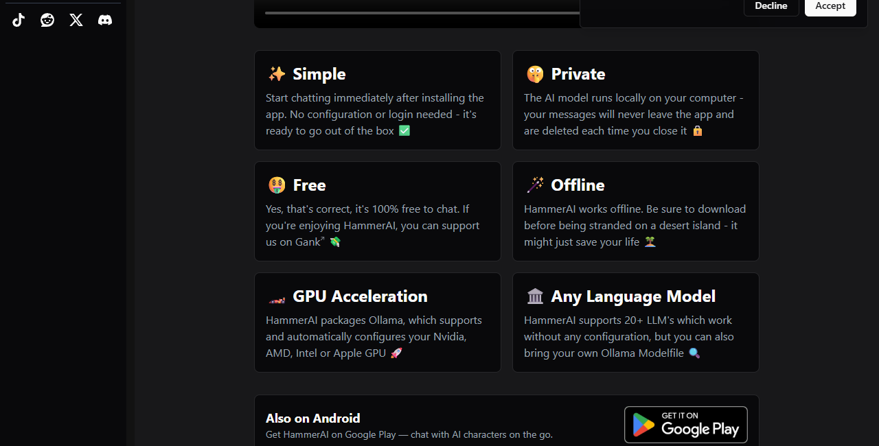 Hammer AI desktop feature cards labelled Simple Private Free Offline GPU Acceleration and Any Language Model