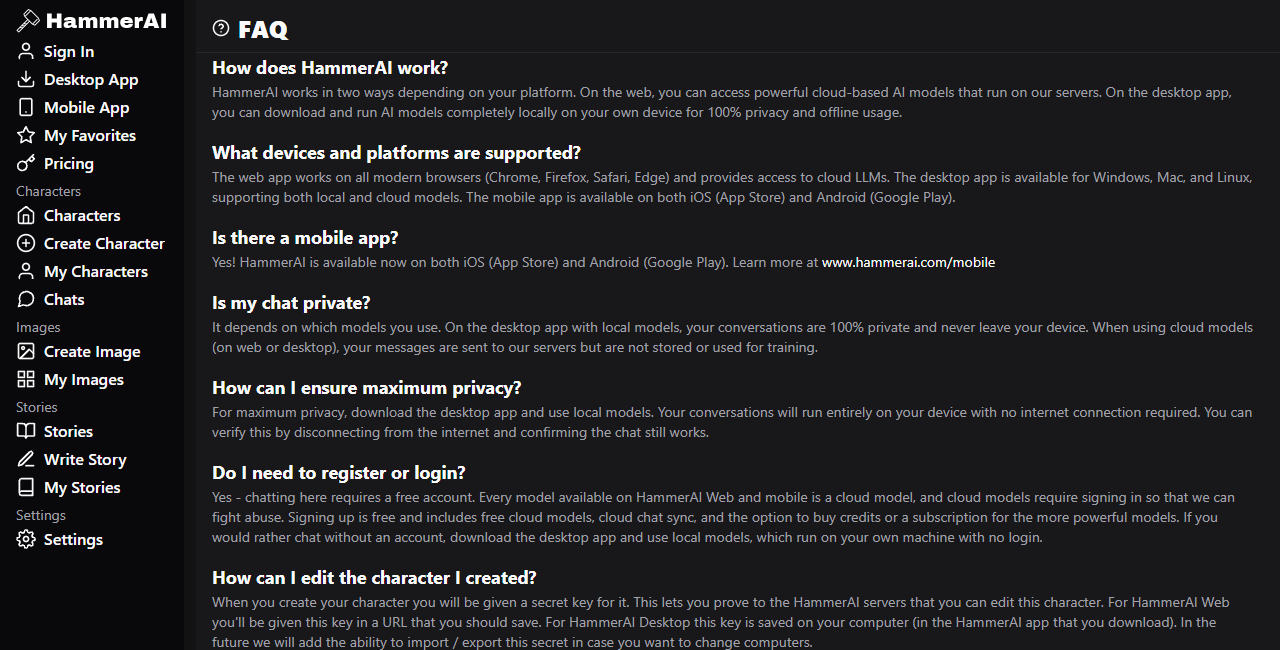Hammer AI FAQ covering operation platforms privacy account use and editing